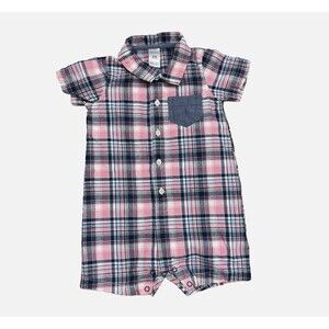 Carter's Toddler Blue Pink Plaid Short Sleeve Button Front Romper Cotton Sz 24M